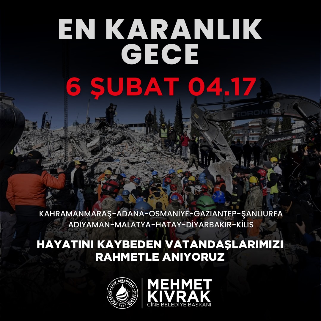 MehmetKivrak09's tweet image. 6 Şubat depreminde yaşamını yitiren vatandaşlarımızı rahmetle anıyoruz.

Allah, cennet vatanımıza bir daha böyle acılar yaşatmasın.

Depremde yitirdiğimiz canlarımızın mekanı cennet olsun.