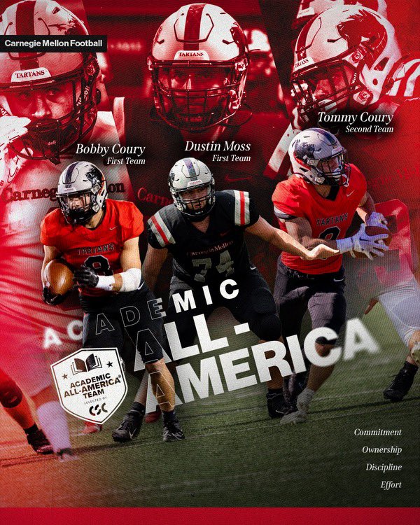 Congratulations to our three scholar-athletes who were honored as @AcadAllAmerica! @TartanFB now has 69 total Academic All-Americans, ranking 1st in #D3FB, & 2nd in #CFB! 1st Team: @bobby_coury @DWMoss 2nd Team: @tommycoury33 #CODE #BYB #TartanProud