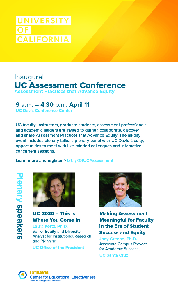 Join us for the inaugural UC Assessment Conference on April 11th! UC faculty, instructors, grad students, assessment professionals &amp; academic leaders are invited to gather, collaborate, discover &amp; share Assessment Practices that Advance Equity <a href="/ucdavis/">UC Davis</a> 

bit.ly/24UCAssessment