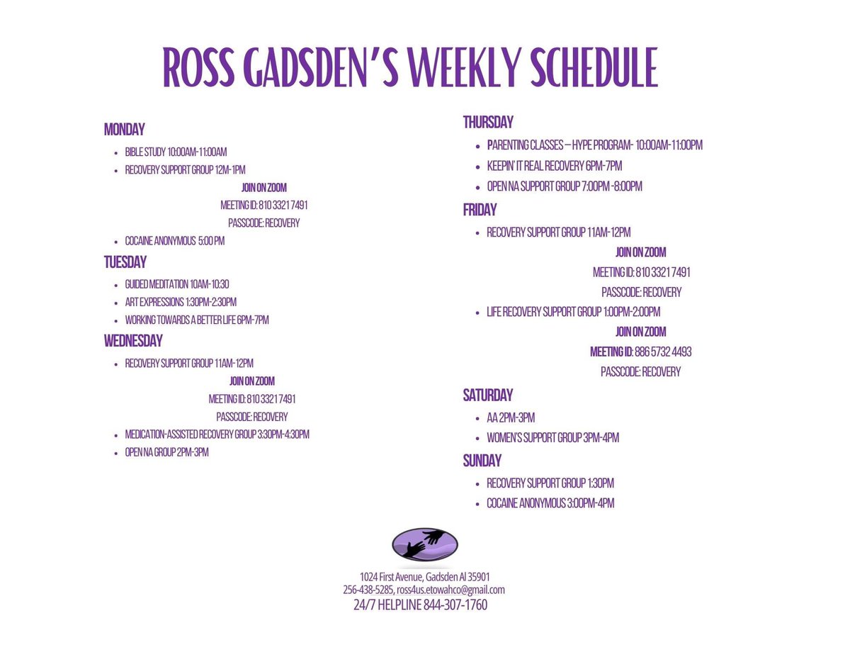 rossbhm4us's tweet photo. Our weekly schedule has been updated. We are working on making all our weekly meetings and support groups available on Zoom. We will update the schedule as we update each meeting.We have something for everyone at our R.O.S.S. Gadsden Recovery Community Center. https://t.co/U2OW54p3Q3