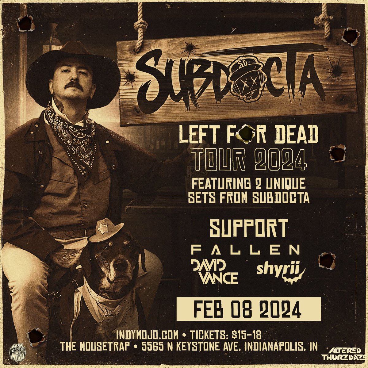 This week’s #AlteredThurzdaze at <a href="/TheMousetrap/">The Mousetrap</a> will be a journey across the spectrum of bass music! 

<a href="/subdocta/">SubDocta</a> (2 sets)
with support from: 
FALLEN (bass rush/insomniac)
<a href="/davidvancemusic/">David Vance</a> 
<a href="/shyriisounds/">𝓈𝒽𝓎𝓇𝒾𝒾</a> 

<a href="/G9Matt/">Matt Ramsey</a> birthday, so expect it to get rowdy
Get tix: bit.ly/SubdoctaFeb8