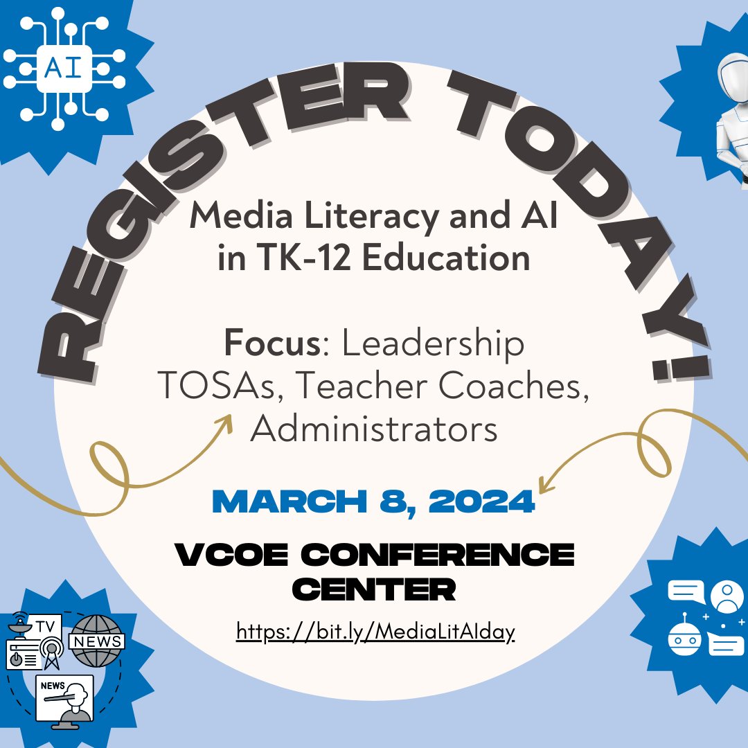 🌟 Attn all Ventura County TOSAs, Teacher Coaches, and Admins! 🌟Mark your 📆 for March 8th! We're excited to invite you to a pivotal roundtable discussion on 'Media Lit and AI in TK-12 Education.' More Info➡️ bit.ly/MediaLitAIday @VenturaCOE @cathyreznicek @VCOEEdTech