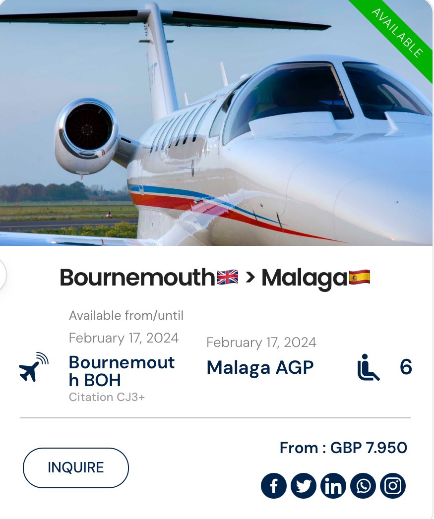 ⚠️ EMPTY LEG ⚠️
Bournemouth🇬🇧 > Malaga🇪🇸
17 FEB 2024

t.ly/6KCUA

#PrivateJetDeals #privatejet #jetcharter #LastMinuteJet #LuxuryTravelDeals #emptyleg #follow #travel #luxury #business #london #bournemouth #malaga #spain #andalusia #marbella #sevilla #granada #cadiz