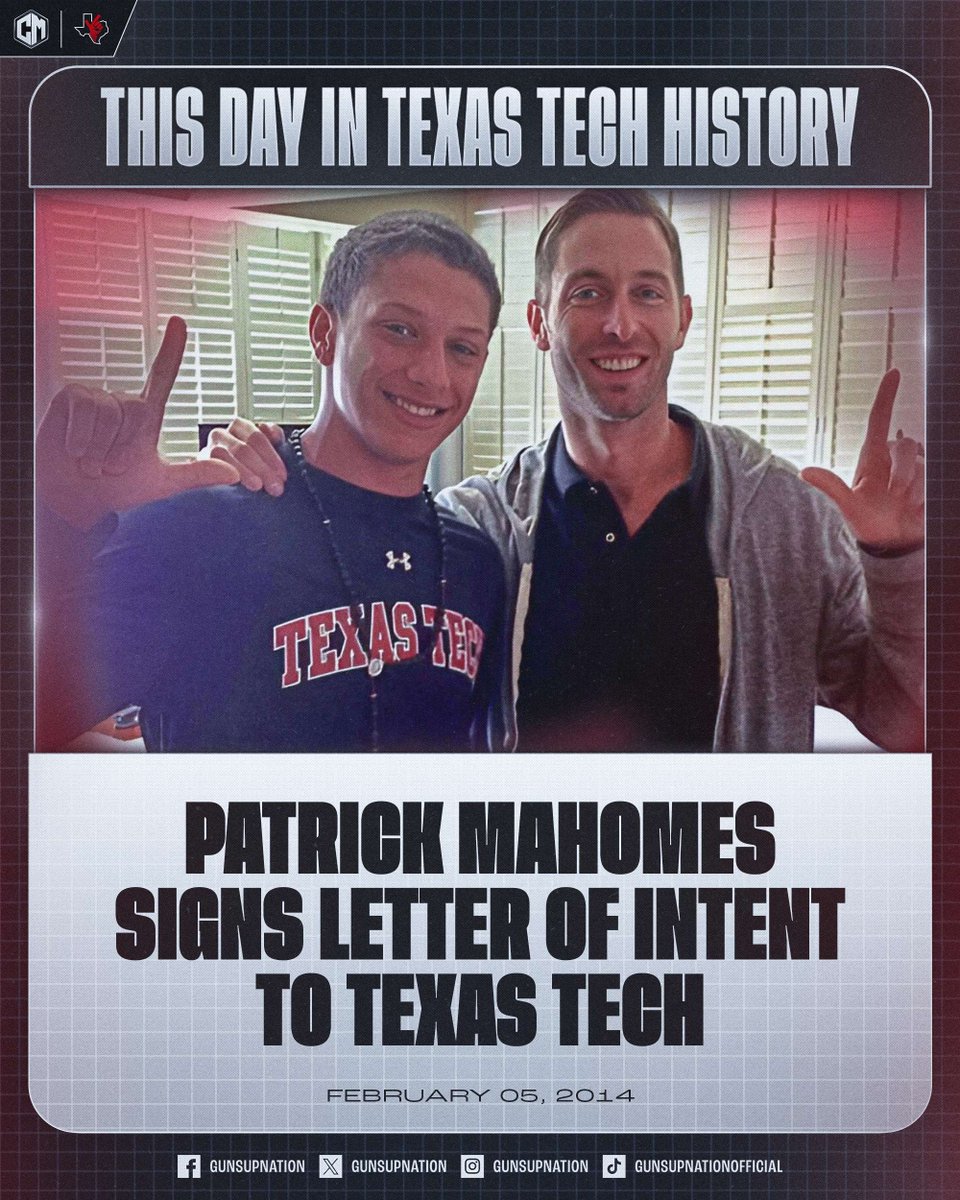 𝗢𝗡 𝗧𝗛𝗜𝗦 𝗗𝗔𝗬 (𝟮𝟬𝟭𝟰): @PatrickMahomes signs his letter of intent to play for Texas Tech! 🏈