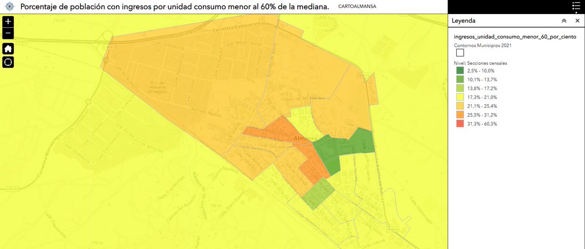 Cartoalmansa's tweet photo. Esta semana presentamos el mapa del municipio de Almansa, por sección censal, del porcentaje de población con ingresos por unidad de consumo menor al 60% de la mediana.
https://t.co/GO1axHI6sM https://t.co/VXe1ptFCVE