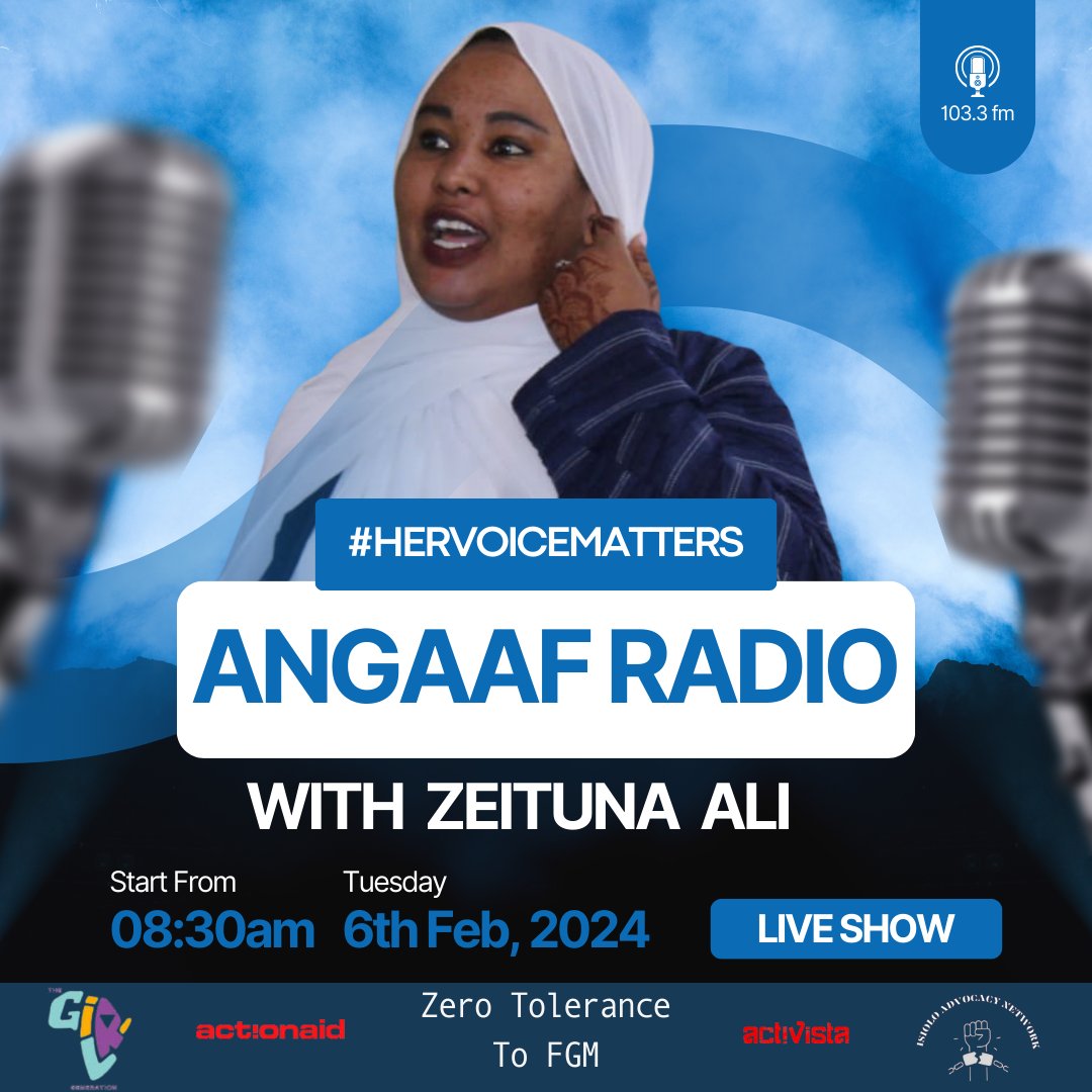 Isiolo Advocacy Network (@isioloadvocacy) on Twitter photo Join us tomorrow on Angaaf Radio at 8:30 am as our members Zeituna and Sadia discuss the International Day of Zero Tolerance to FGM. Let's work towards ending this harmful practice together. 💪
#UnitedToEndFGM #HerVoiceMatters
<a href="/ActionAid_Kenya/">ActionAid Kenya</a> <a href="/TheGirlGen/">The Girl Generation</a> <a href="/ActivistaIsiolo/">Activista Isiolo Chapter</a> Join us tomorrow on Angaaf Radio at 8:30 am as our members Zeituna and Sadia discuss the International Day of Zero Tolerance to FGM. Let's work towards ending this harmful practice together. 💪
#UnitedToEndFGM #HerVoiceMatters
<a href="/ActionAid_Kenya/">ActionAid Kenya</a> <a href="/TheGirlGen/">The Girl Generation</a> <a href="/ActivistaIsiolo/">Activista Isiolo Chapter</a>