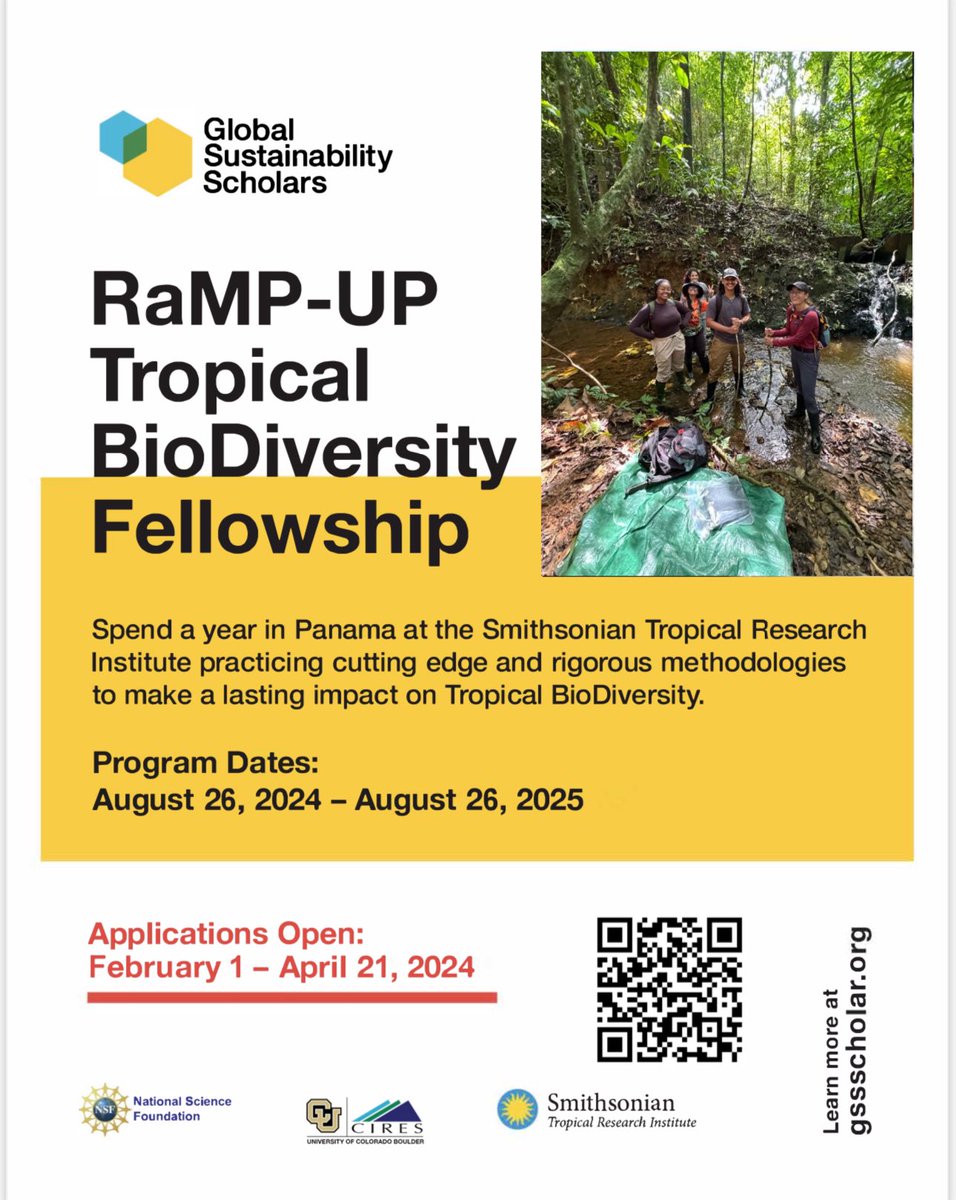 Post Bacc Opportunity with a stipend of $32,000 for a full year of participation. RT ticket to Panamá and lodging while at Smithsonian Tropical Research Institute facilities. Opportunity for recent grads gsscholar.org/rampup-fellows…