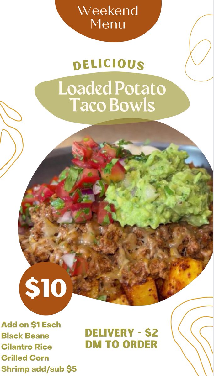 pepperpotByMerl's tweet photo. Available this Saturday Feb.10 

Potato Loaded Taco Bowls 

Ground beef - Potatoes - Cheese - Pico

Add ons $1 

Add/Sub for Shrimp $5

DM to Order https://t.co/hezIGS8u55