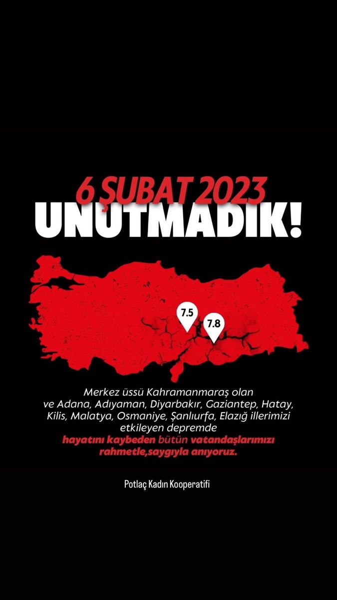 6 Şubat 2023. Unutmadık,unutmayacağız.
10 ilimizle birlikte Tüm Türkiye’yi sarsan,acıya boğan depremde hayatını kaybeden bütün vatandaşlarımızı
rahmetle,saygıyla anıyoruz. 

#6şubatdepremi #kadınlarınsesinekulakverin 
#depremdeğilbinaöldürür #depremdeğilihmalöldürür
