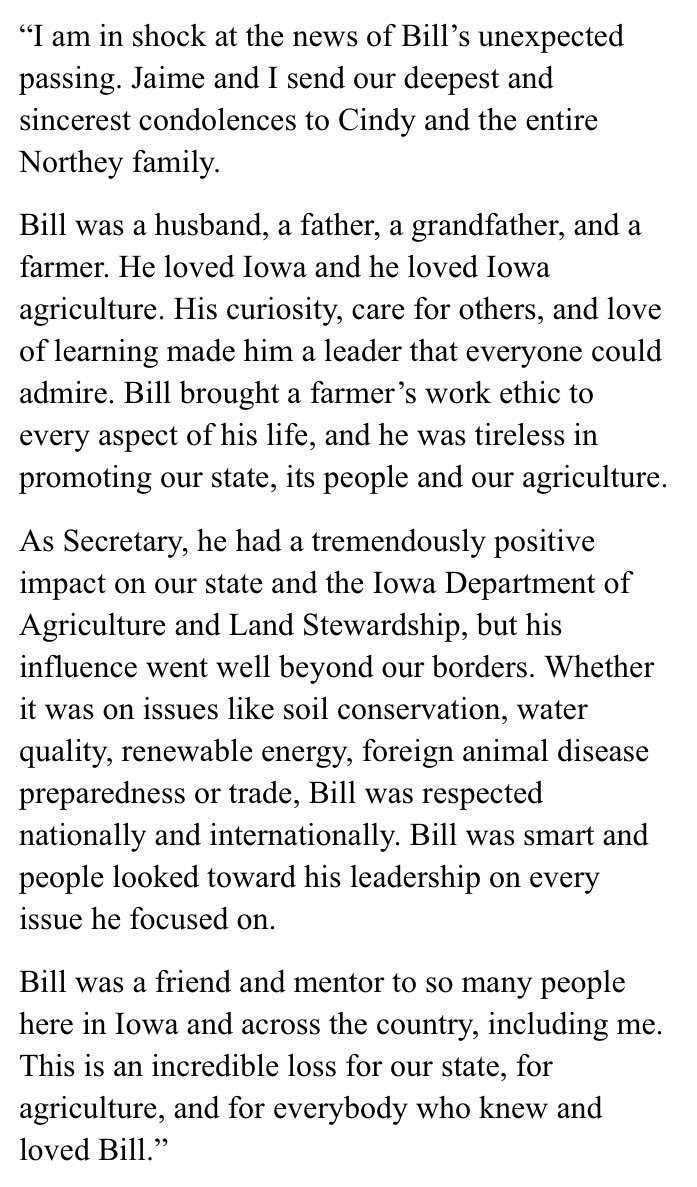 Sad news. Former Iowa Ag Secretary Bill Northey, a 4th generation farmer from Spirit Lake, has died. Current Ag Sec Mike Naig has released a statement: