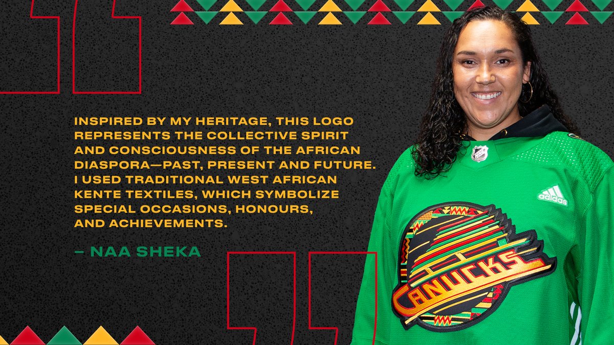 Vancouver Canucks (@canucks) on Twitter photo “Inspired by my heritage, this logo represents the collective spirit and consciousness of the African diaspora - past, present and future.”
Get an in-depth look at the #Canucks Black Excellence logo, designed by artist Naa Sheka (<a href="/naasheka/">naashekafashion</a>). “Inspired by my heritage, this logo represents the collective spirit and consciousness of the African diaspora - past, present and future.”
Get an in-depth look at the #Canucks Black Excellence logo, designed by artist Naa Sheka (<a href="/naasheka/">naashekafashion</a>).