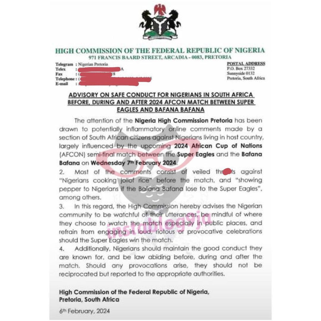 instablog9ja's tweet photo. AFCON 2023: Refrain from loud prøvøcative celebrations should Super Eagles defeat Bafana Bafana — Nigerian High Commission warns Nigerians in South Africa https://t.co/LJHVeSYBUT