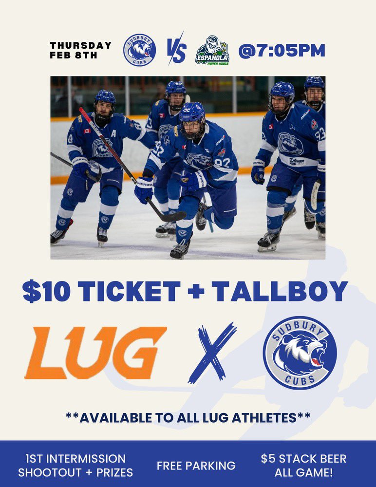CubsNOJHL's tweet image. 🚨Attention all @lugsports athletes🚨

We want to offer all @lugsports athletes a special $10 promotional offer valid for Thursday’s home game!

For only $10 you can get your admission to the game plus a #StackBrewing tall boy to start your night! (19+)

#CubsCountry🐻 (1/2)