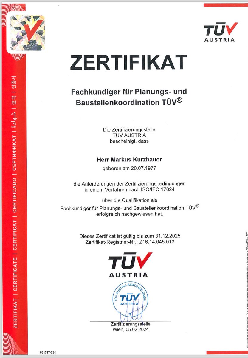 MarkusKurzbauer's tweet photo. Planungs- &amp; Baustellen-Koordinator 
 🇦🇹 TÜV Austria ZERTIFIZIERT 🇦🇹

ProjektControl
   …die beste Entscheidung vor Baubeginn

Das neue TÜV Zertifikat 🎖️  Markus Kurzbauer

#ProjektControl #TüvAustria
#BauKoordinator #PlanungsKoordinator 
#BaustellenKoordinator https://t.co/yudoY5yPE0