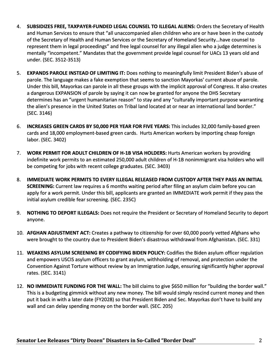 SenMikeLee's tweet photo. Here are a “dirty dozen” of disasters I’ve found in this terrible border bill… and this is just the beginning. 

🔗https://t.co/SYTsErlOFy https://t.co/NhCrN8oh0y