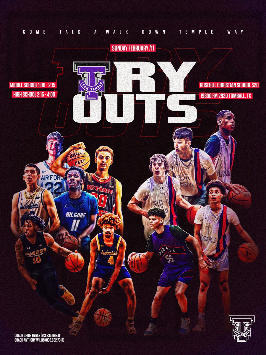 TempleLifeHoops's tweet photo. Come take a walk down Temple Way!
Where it can all happen for you here…

TRYOUTS FOR THE BEST ORGANIZATION IN THE USA!

📆Sunday February 11
*will be done well before Super Bowl*

📍Rosehill Christian School
19830 FM 2920 Tomball, TX

⌚️Jr High 1:00
High School 2:15

💵$20 https://t.co/5WcNm9YkLy