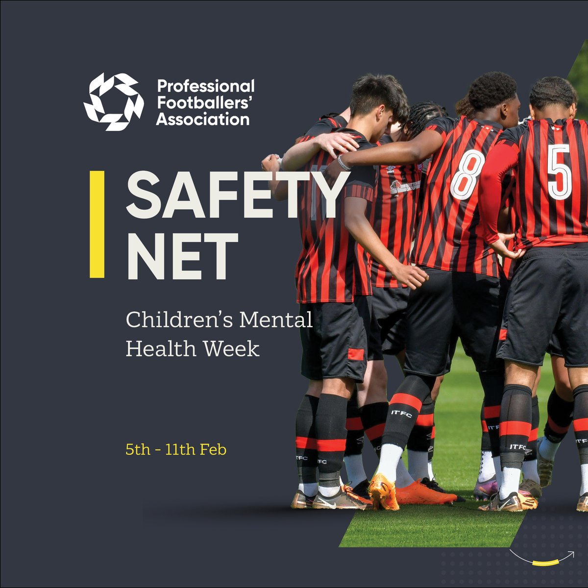 PFA's tweet photo. The PFA Safety Net.

Available to all academy players U9s - U23s, trialists, parents, guardians, and club staff as a means of accessing useful confidential material 24/7.

Talk to us about the PFA Safety Net
📩 youthadvisory@thepfa.com

#ChildrensMentalHealthWeek