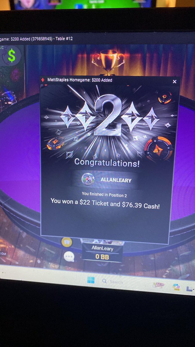 LearyAllan's tweet photo. Second place for the 3rd time in @MattStaplesPKR home game. Determined to win this at some point! GG! https://t.co/1rzUQF0Cdo
