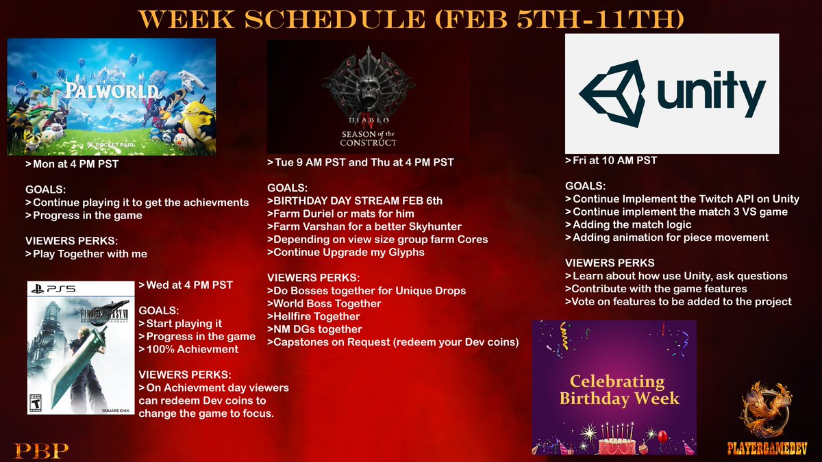 playergamedev's tweet photo. It's my BIRTHDAY WEEK! 🎈 Let's celebrate it together. Check out my schedule!🎂🎮

🔗 Tune in: https://t.co/VBSk81bqwW

#BirthdayWeek #PlayTogether #PlayerGameDev #peoplebeforepixels #neveralone #oneofus #twitchaffiliate #palworld #diablo #gamedev #unity #ff7remake #diablo4 #pbp https://t.co/ozkIHpE95F