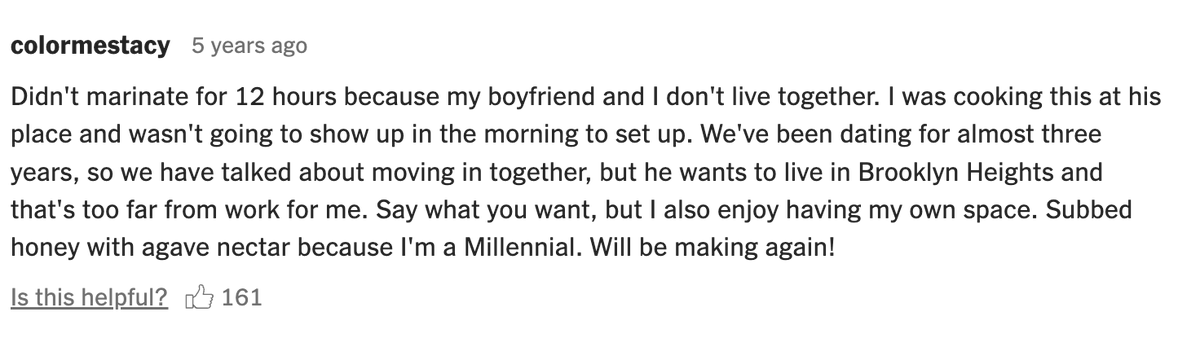 Wonder how Stacy and the bf are doing 5 years after Stacy spoke her truth in a comment on an NYT chicken recipe.