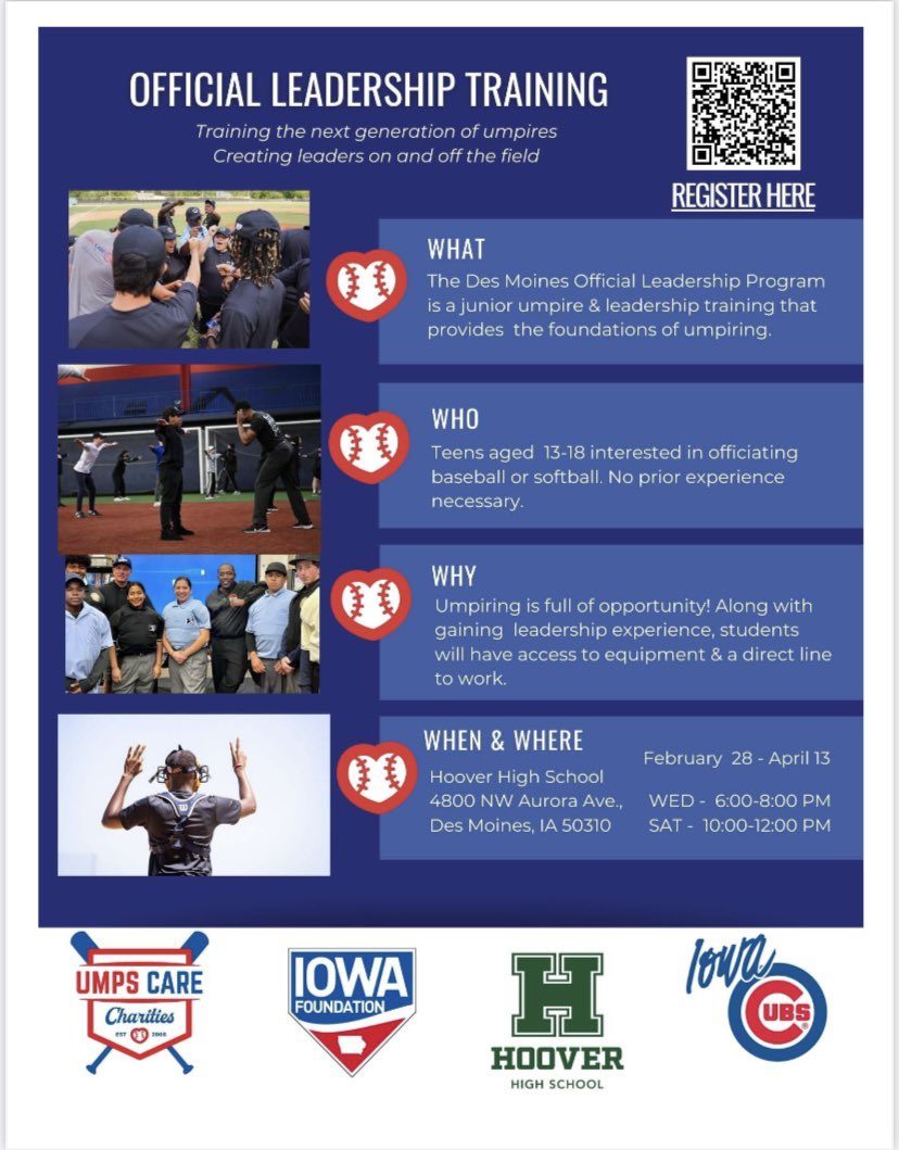 **February 28th - April 13th**
Anyone who is interested in offical leadership training?! This baseball leadership training will be taken place at hoover and all the information you need is in the flyer!! Make sure to sign up for with the QR Code and register for this opportunity!