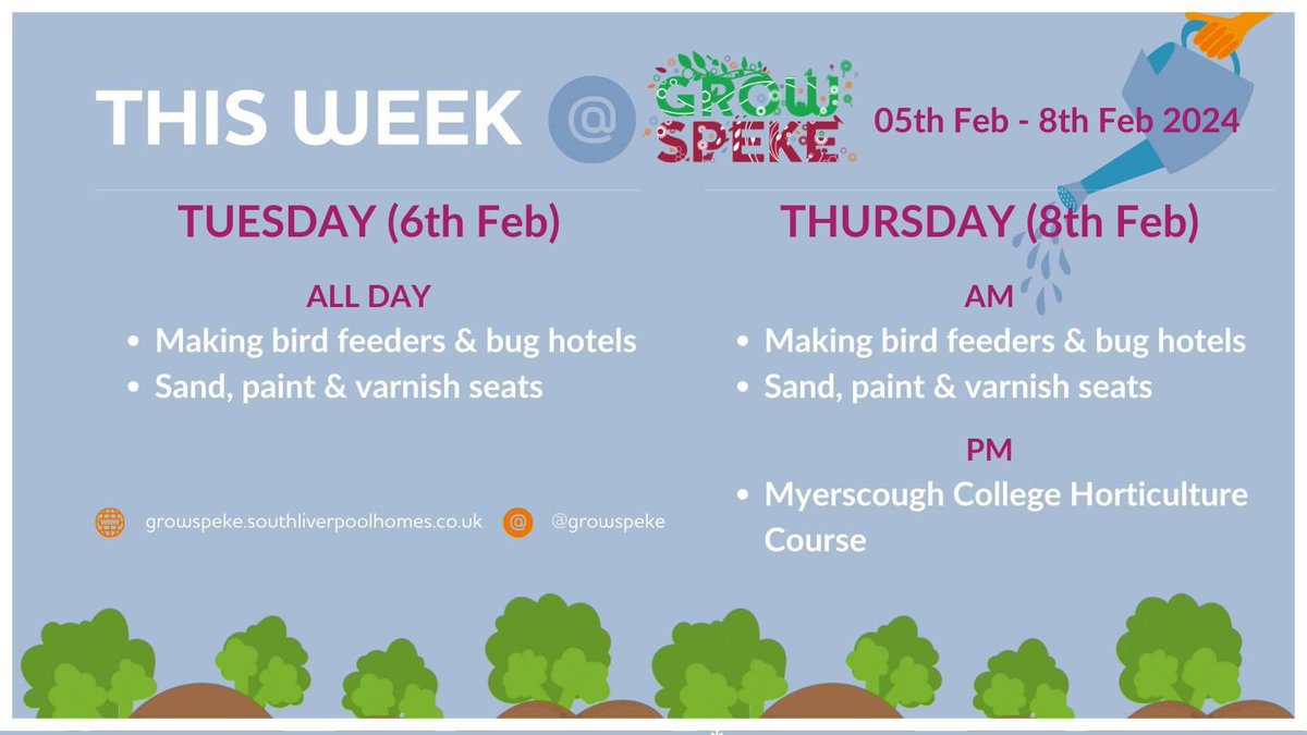 Join us for some great activities at @GrowSpeke this week. We're making birdfeeders & bug hotels & doing some maintenance on our seating on both Tues & Thurs. Thursday's horticulture course may be moved to The Reach in the event of bad weather. Come down. We’d love to see you. 😀