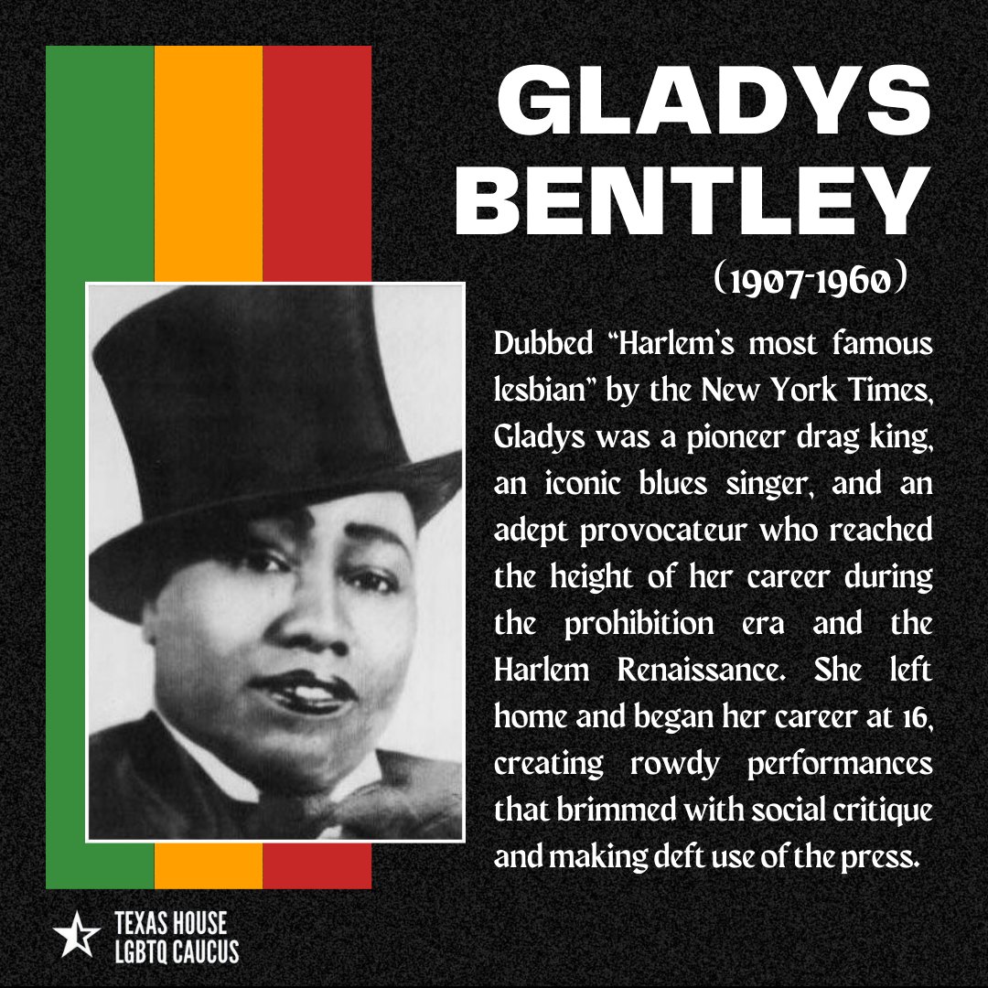 This #BlackHistoryMonth we’re celebrating #BlackQueer people throughout history who’ve made critical contributions to culture and the intersecting struggles for both Black and #queer liberation. 

#TxLege #BlackHistory #GladysBentley #QueerHistory #LGBTQIAHistory #DragKing