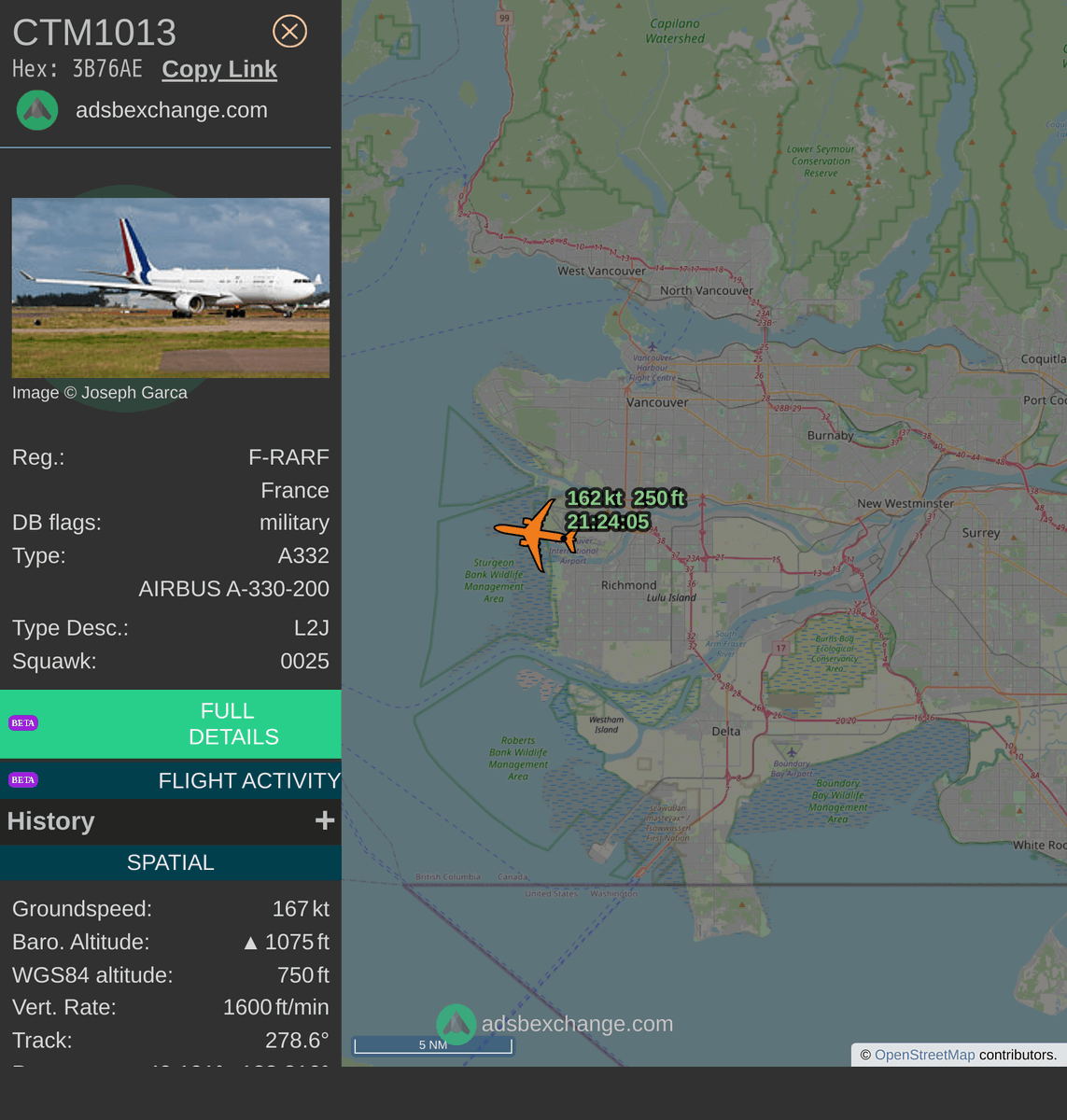 FlottePresident's tweet photo. 🛫 Un Airbus A330-200 🇫🇷 République Française vient de décoller près de Richmond, Canada.
Vol #CTM1013, immatriculation #FRARF.
Suivre le vol : https://t.co/NIcPZJFSDV https://t.co/4bp5GCvpZ9