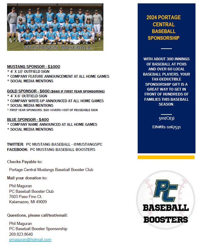 MustangsPC's tweet photo. Our 2024 season is right around the corner!  The PC Baseball Boosters are looking for local businesses to partner with on sponsorship opportunities.  If you know anyone who may be interested, please connect them with our sponsorship lead, Phil Maguran.  Please share this post! https://t.co/SdbiuidgEl