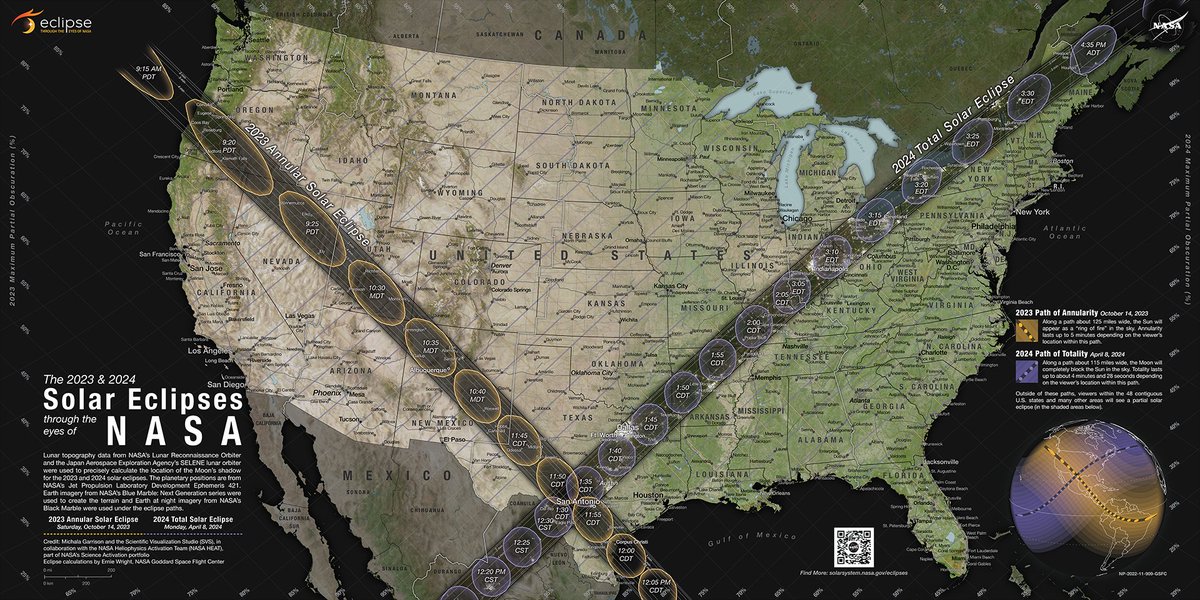 NWSAlbany's tweet photo. On April 8, 2024, a solar eclipse will occur with NY &amp; New England experiencing at least 90% darkness as the Moon passes between the Sun &amp; the Earth. Cloud coverage will be important for those who wish to view it. Maps below from NASA. For more, visit https://t.co/75T5xntUO7 https://t.co/gASnz6rQVD