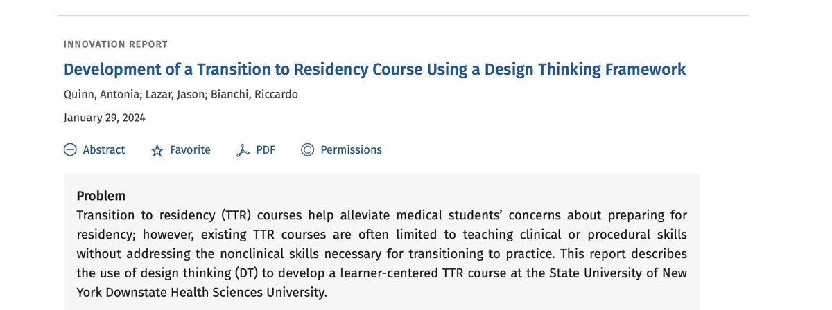Thank you to my coauthors <a href="/RbianchiPhd/">Riccardo Bianchi</a> and Jason Lazar for your hard work and collaboration on our Innovation Report on the design of our #TransitiontoResidency course  <a href="/sunydownstate/">SUNY Downstate</a> just published in <a href="/AcadMedJournal/">Academic Medicine</a>. #DesignThinking. #MedEd 

journals.lww.com/academicmedici…
