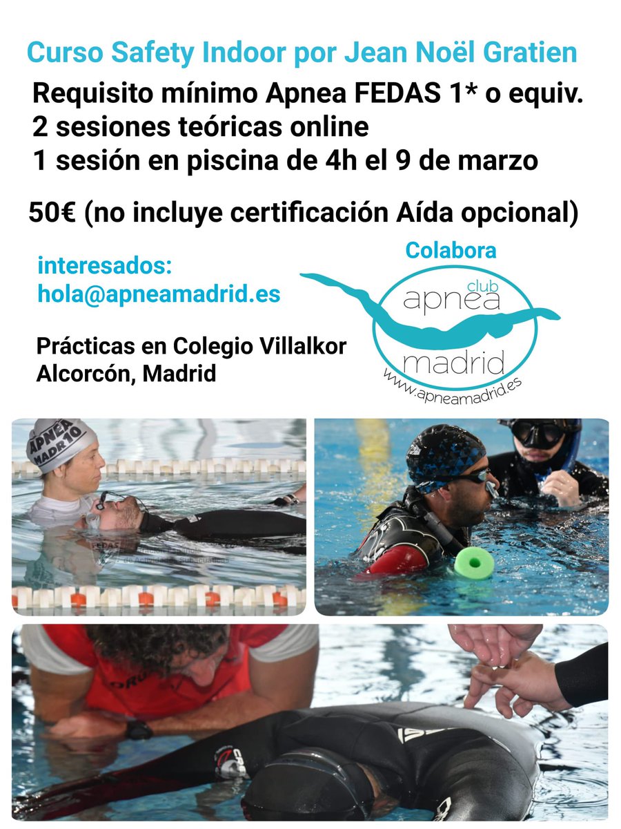 ApneaMadrid's tweet photo. CURSO DE SAFETY INDOOR
Impartido por Jean Noel  Gratien @jeanno97243 con dos sesiones teóricas y una práctica el día 9 de Marzo en la piscina del colegio Villalkor en Alcorcón. Coste del curso 50euros, interesados escribir correo a:
hola@apneamadrid.es 
Plazas limitadas!! https://t.co/D9adgeCbyA