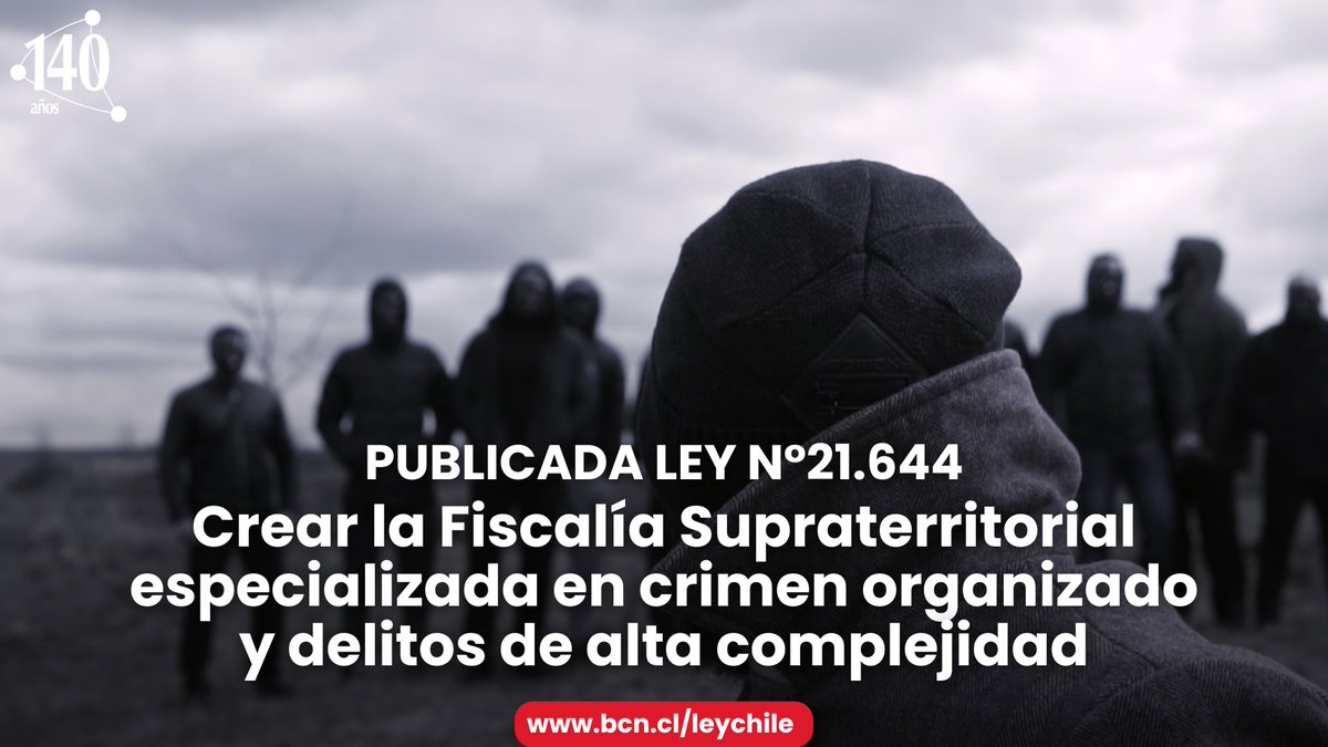 Publicada ley 21.644 Modifica la Carta Fundamental para crear la Fiscalía Supraterritorial, especializada en crimen organizado y delitos de alta complejidad, al interior del Ministerio Público
Links:
Ley Chile: bcn.cl/3hulc
Historia de la ley: s.bcn.cl/3hul4