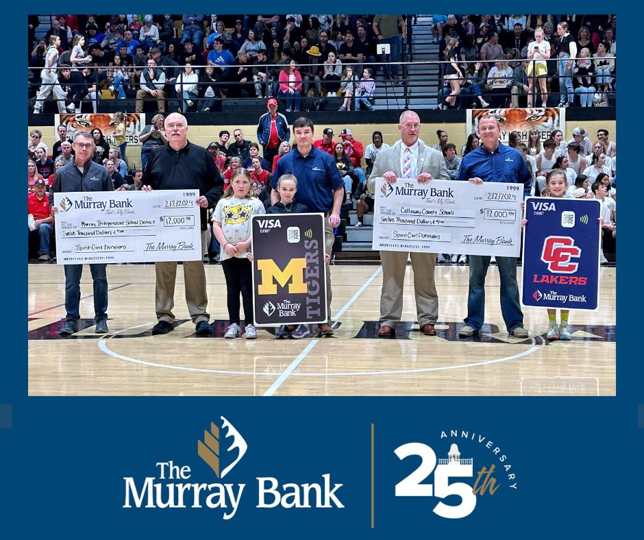 TheMurrayBank's tweet photo. At the #TMBCrosstownClassic, The Murray Bank was proud to present each of our local school systems with a check in the amount of $12,000. This donation is made on behalf of all our customers that have a Laker or Tiger Spirit Debit Card. #ThatsMyBank #TMB25 #Lakers #Tigers https://t.co/uhrRKtwEfA