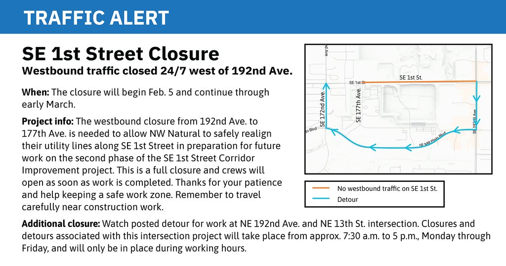 🚧 Traffic alert!
SE 1st Street west of 192nd Avenue will be closed to westbound traffic 24/7 starting February 5 and into early March.

This closure will allow NW Natural to realign utility lines in preparation for future work on the SE 1st Street Corridor Improvement project.