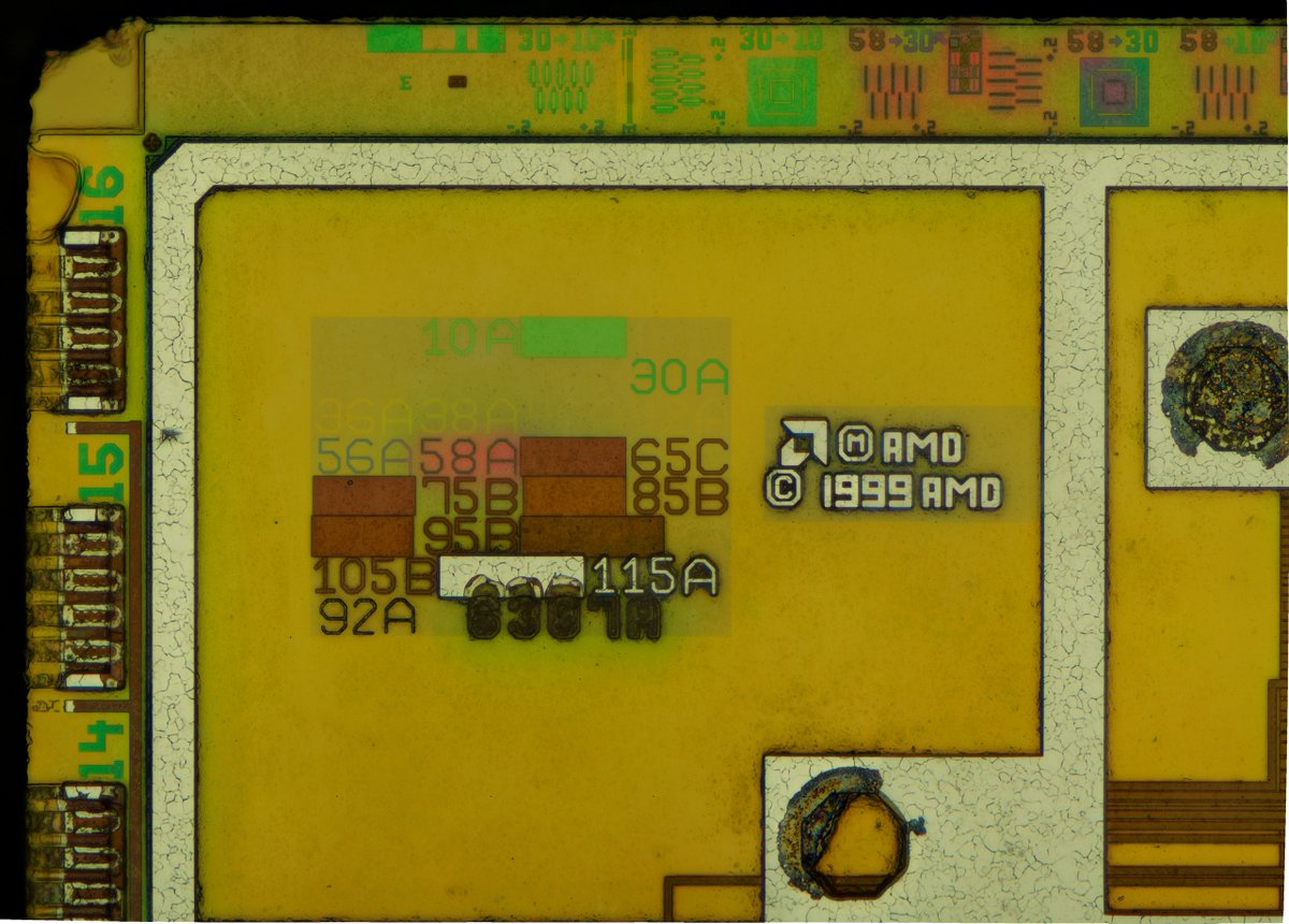 FritzchensFritz's tweet photo. AMD Athlon K7 Pluto Top Metal Layer

A revolver and Texas Map can be found in one of the four corners!

And some explanations about the stone relief. The relief contains the AMD Athlon K7 Series from:

Argon -> Pluto -> Thunderbird -> Palomino -> Thoroughbred -> Barton

1/4🧵 https://t.co/1rtmHidJkf