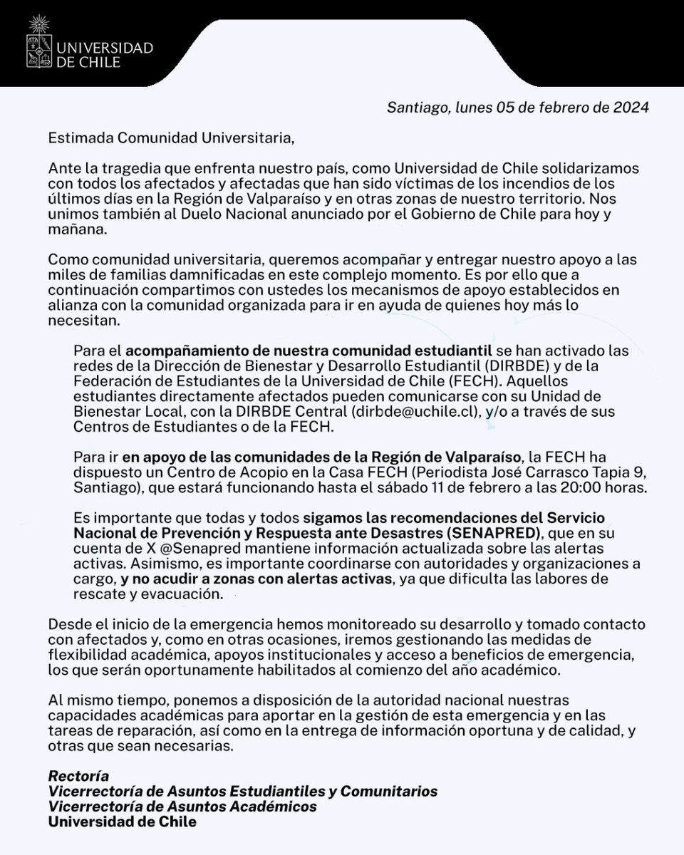 [Comunicado] A nuestra comunidad universitaria, ante la tragedia que enfrenta nuestro país. La Universidad de Chile también se une al Duelo Nacional anunciado por el Gobierno de Chile para hoy y mañana, y da a conocer mecanismos de apoyo. Más detalles en: uchile.cl/u213751