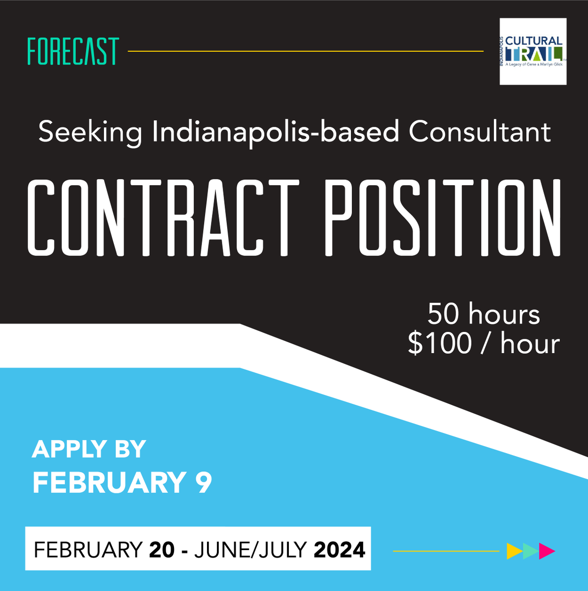 Due Friday! Indy-based consultants: work with us on an @INCulturalTrail project. Quick application process. Apply by 2/9: indyculturaltrail.org/wp-content/upl… Support the development of a comprehensive #PublicArt plan for the trail. Contract: approx 50 hours, $100/hour. 2/20 - summer 2024.