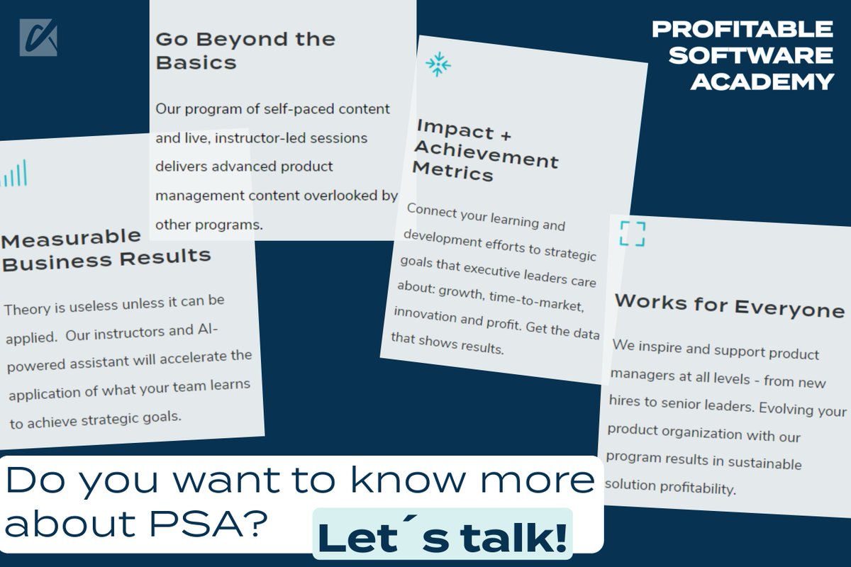 🔹 Profitable Software Academy 🔹
#ProductManagement education that focuses on:
💲Profit
🏋️Direct application of concepts while learning
🧠 Blending of real &amp; artificial intelligence

Ready to transform your #productorganization with the Profitable Software Academy?
