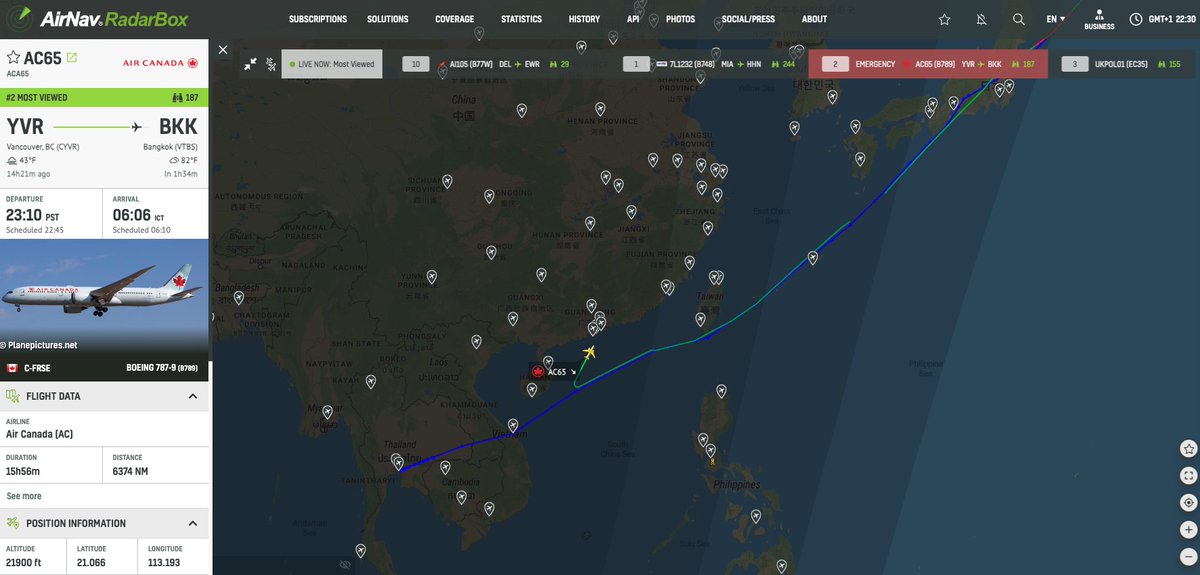 AirNavRadar's tweet photo. Air Canada #AC65 to Bangkok is declaring an emergency and diverting https://t.co/ayzKueMsh9 https://t.co/WI8AF8vNQs