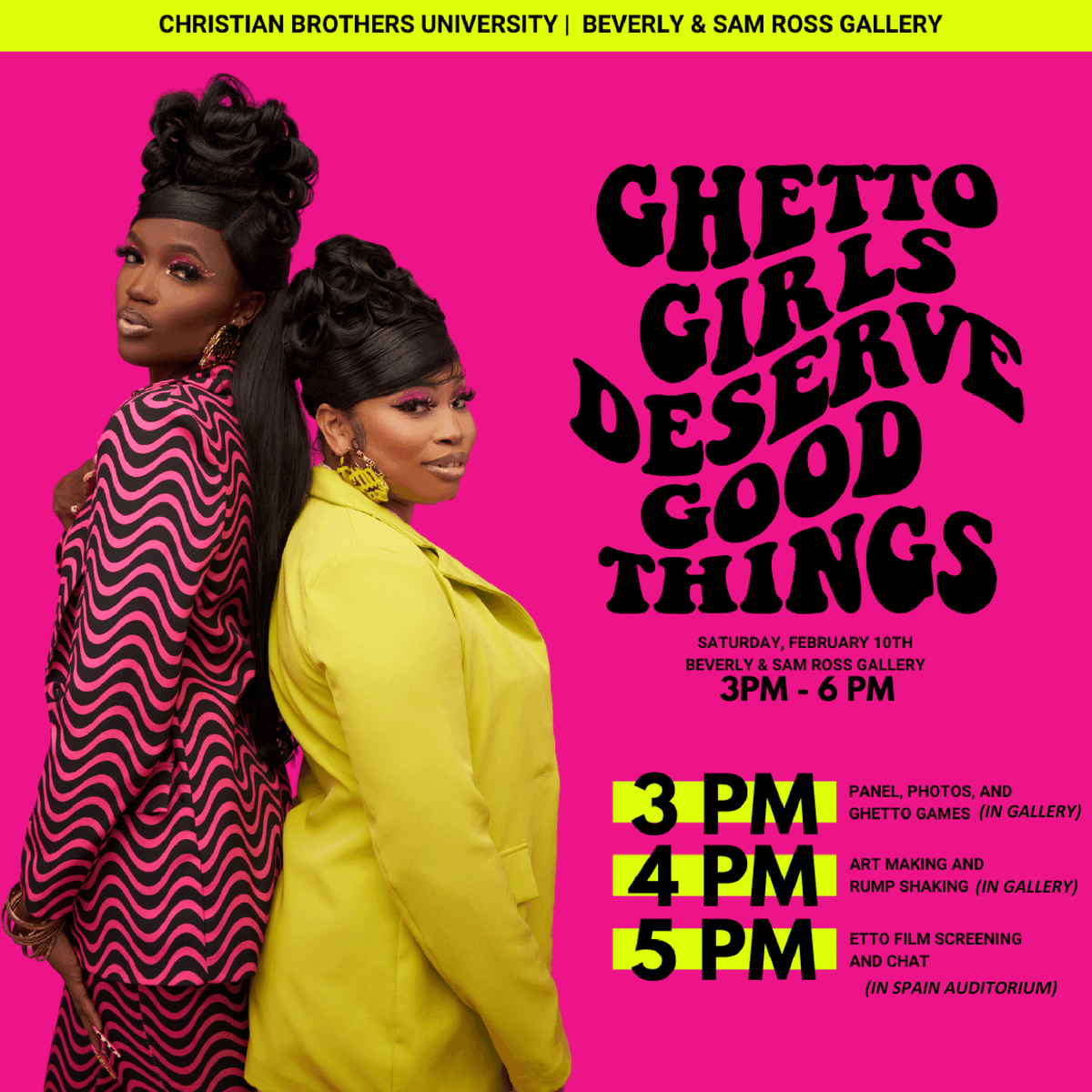 ETTO FILM SCREENING on Saturday, February 10 with Zaire Love! 
• 3:00 pm: Panel, Photos and Ghetto Games in the Gallery
• 4:00 pm: Art Making and Rump Shaking!
• 5:00 pm: Screening of ETTO in Spain Auditorium, Buckman Hall

#art #cbu #zairelove #ETTO #memphis #gallery #artist