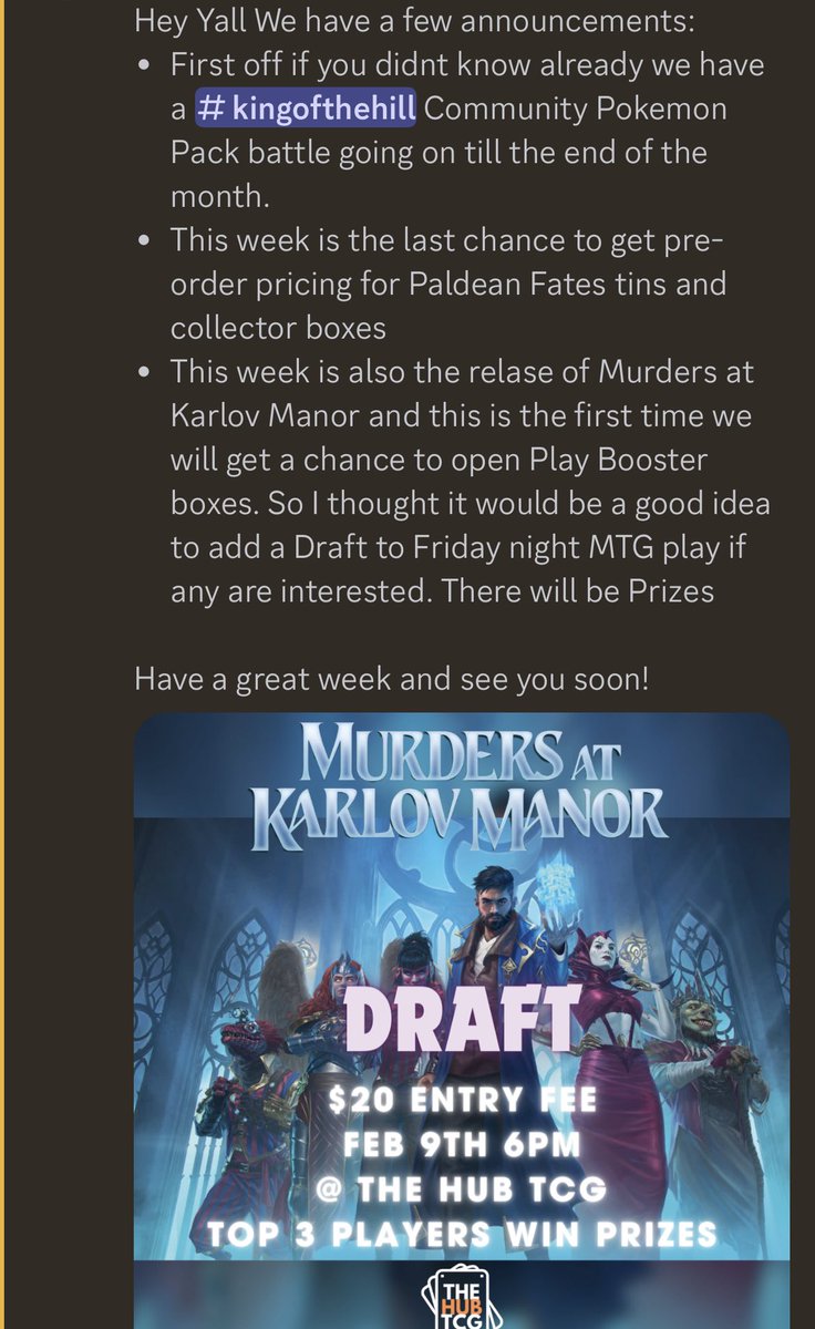 TheHubTCG's tweet photo. Join us on Discord to get Event updates for the shop and notifications for when we go live on stream! 

https://t.co/X2JEKpt9r7 https://t.co/ZH8eTGZHd6