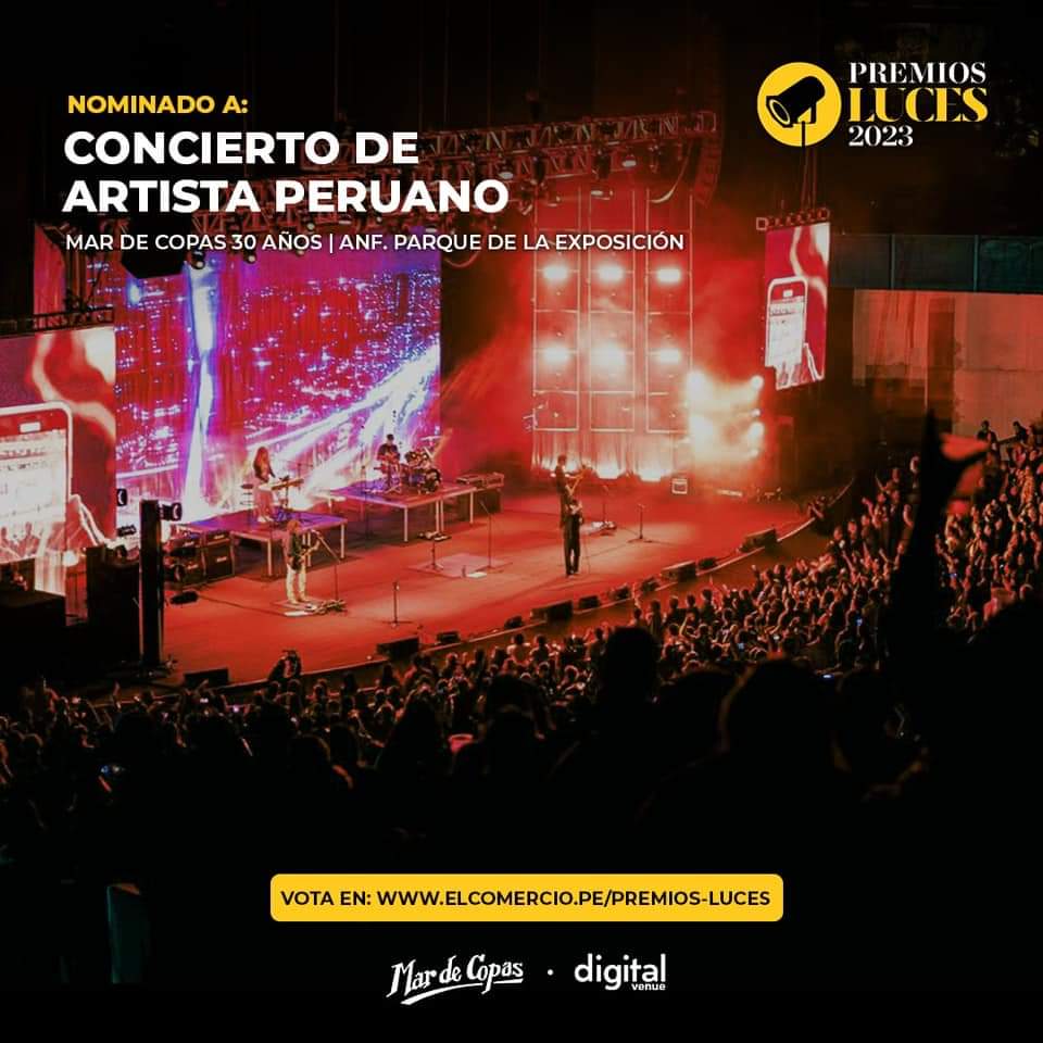 Mardecopas's tweet photo. ¡Mar de Copas 30 Años en el Anfiteatro del Parque de la Exposición ha sido nominado a Concierto de Artista Peruano en los Premios Luces 2023! 🎉 
Gran producción de la que estamos orgullosos. Regístrate gratis y vota por nosotros. 🗳️ Link de votación: https://t.co/ZUnvB5up8l https://t.co/6VtnihLj3a