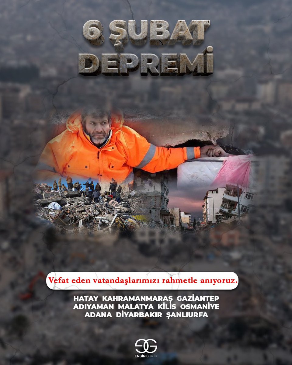 6 Şubat 2023 tarihinde gerçekleşen, merkez üssü Kahramanmaraş olan depremde hayatını kaybeden tüm vatandaşlarımızı rahmetle anıyoruz. 

#6şubat #6şubatdepremi #deprem #engingrafik