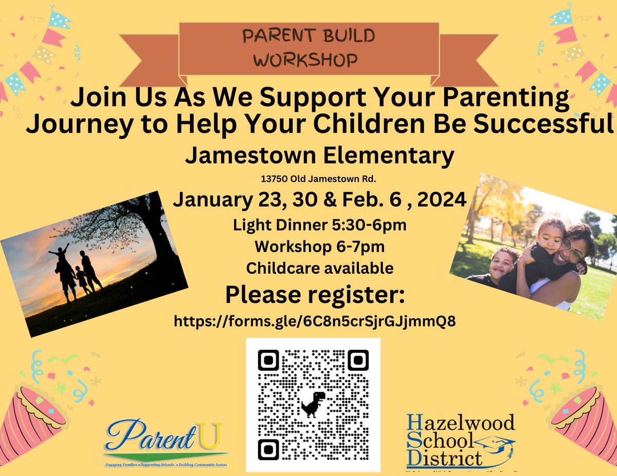 HSD community, join Parent University for the Parent Build Workshop at Jamestown on January 26, January 30, and February 6, from 5:30-7:00 p.m. Light dinner will be provided, and childcare is available. See the flyer for more information and to register