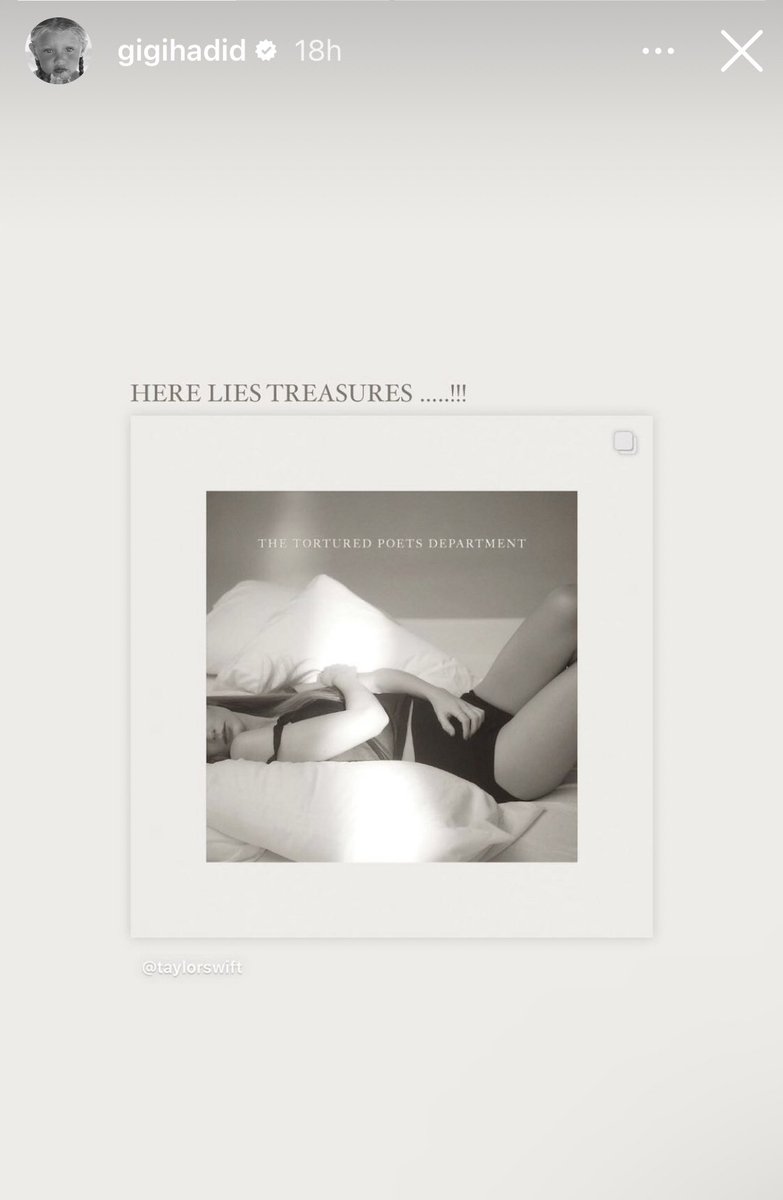 sinclairjournal's tweet image. Gigi Hadid shares new instagram story about new ‘The Tortured Poets Department’ album by Taylor Swift.