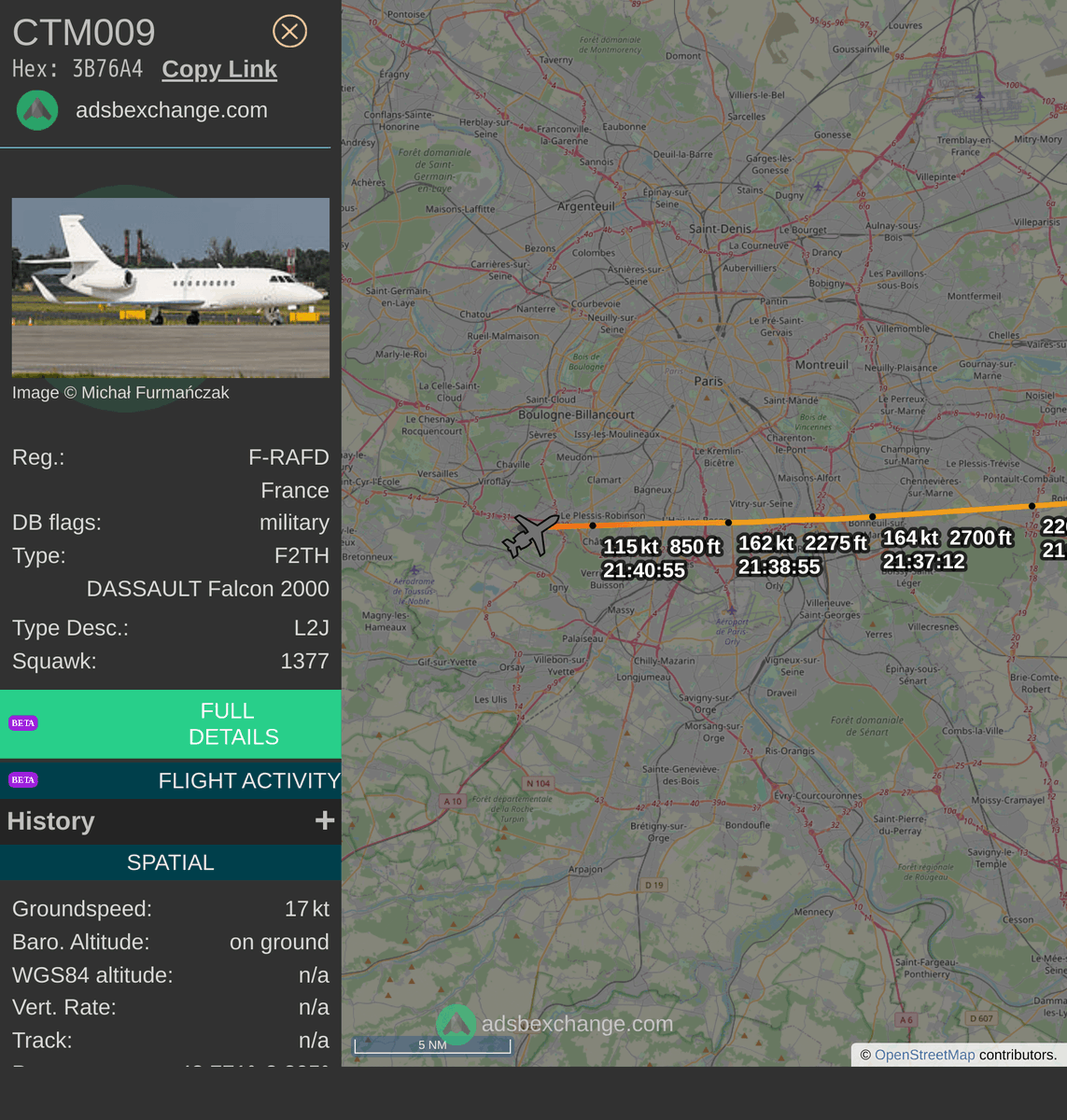 FlottePresident's tweet photo. 🛬 Le Dassault Falcon 2000LX 🇫🇷 République Française immatriculé #FRAFD a atterri près de Villacoublay/Vélizy, France.

📋 Bilan (estimation) :
~ 1h21 de vol
~ 906 km parcourus
~ 1.100 kg de carburant consommé

Revoir ce vol #CTM009 : https://t.co/UdO3gHiYVZ https://t.co/0dCv1NbHYT