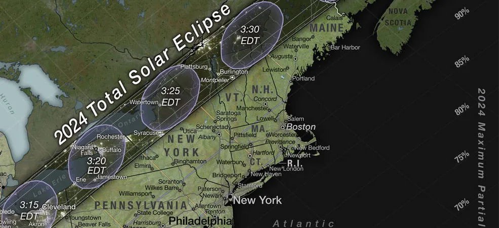 NWSAlbany's tweet photo. On April 8, 2024, a solar eclipse will occur with NY &amp; New England experiencing at least 90% darkness as the Moon passes between the Sun &amp; the Earth. Cloud coverage will be important for those who wish to view it. Maps below from NASA. For more, visit https://t.co/75T5xntUO7 https://t.co/gASnz6rQVD