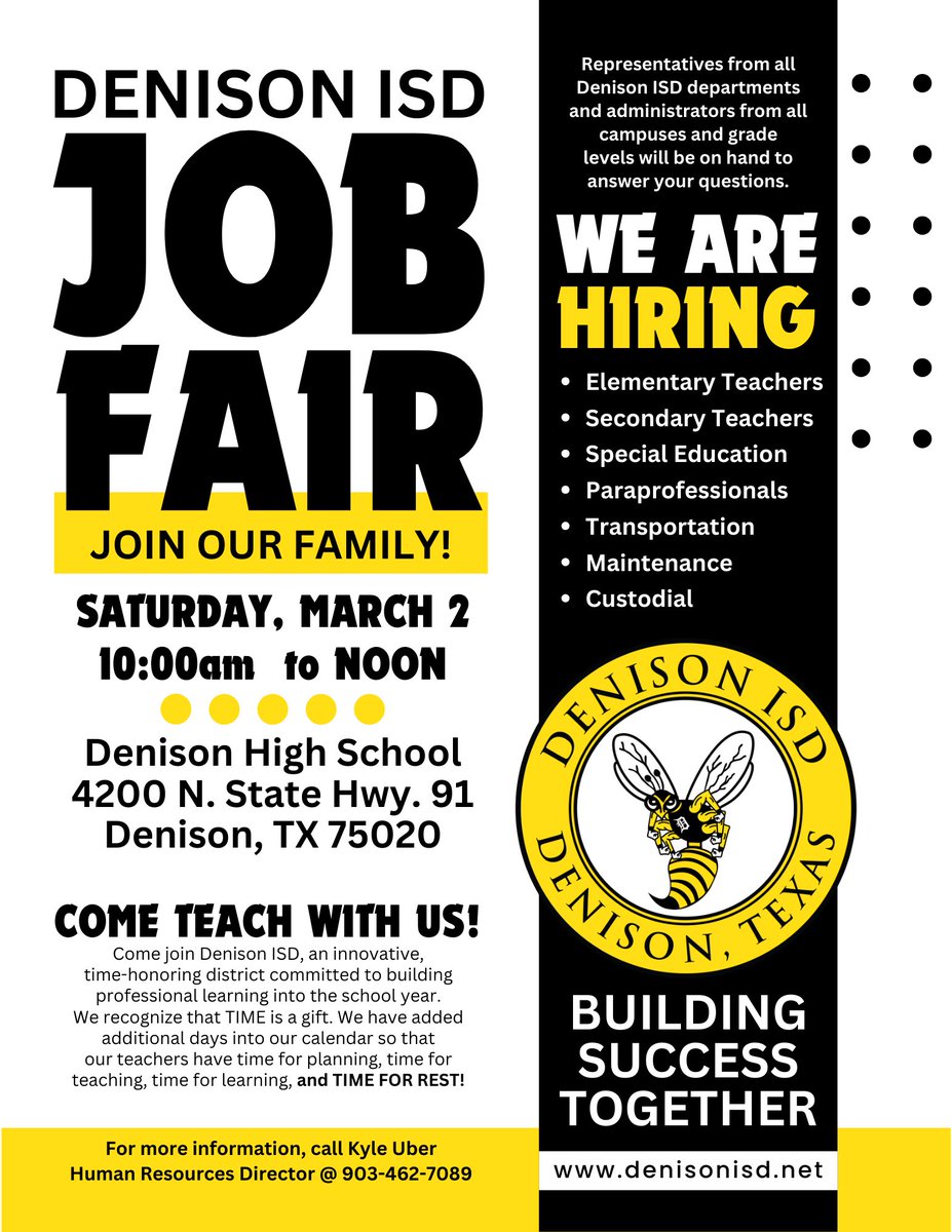 Join the Denison ISD Family!
#wearedenison #igtbayj
<a href="/AustinCollege/">Austin College</a> <a href="/tamuc/">田村菜央</a> <a href="/UNTsocial/">University of North Texas</a> <a href="/SE1909/">Southeastern Oklahoma State University</a> <a href="/MSUTexas/">Midwestern State University</a> <a href="/denisonisd/">𝗗𝗲𝗻𝗶𝘀𝗼𝗻 𝗜𝗦𝗗</a> <a href="/DISD_PR_COMM/">DISD Communications</a> @HESdnisonisd <a href="/TerrellTexans/">Terrell Elementary</a> <a href="/HydeParkTigers/">Hyde Park Elementary</a> @lamarleadeb <a href="/Scott_Middle_/">Henry Scott Middle School</a> <a href="/DenisonHS/">Denison High School</a>