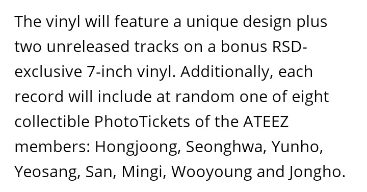 'the vinyl will feature a unique design PLUS TWO UNRELEASED TRACK' 

#ATEEZRSD #RSD_KpopArtistOfTheYear_ATEEZ #RecordStoreDay2024 @ATEEZofficial
